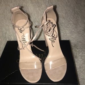 Suede Nude Tie Up Heels, with clear front strap